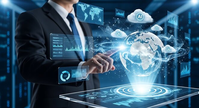 Businessman interacting with futuristic holographic technology and global data network