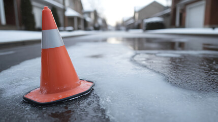 A safety cone sits in a puddle of frozen water on a residential street. The orange cone warns pedestrians and drivers of the hazardous conditions caused by icy roads and melting snow.