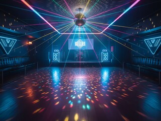 Empty disco ball night club with neon lasers and reflective dance floor