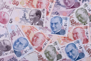 Money, currency of Turkey, lira banknotes of various denominations. Turkish money