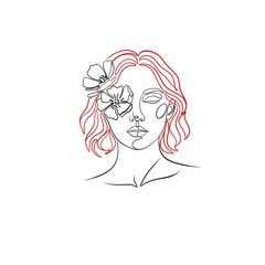 Minimalist continuous line art female portrait with flowers and red accents