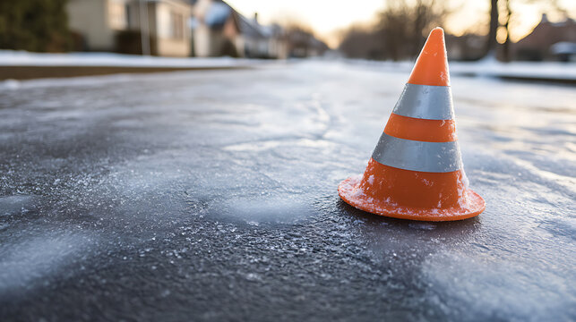 An orange road safety cone stands on a street slick with ice, warning of hazardous conditions. A snowy neighborhood scene is visible in the blurred background.