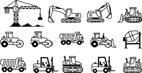 Construction Equipment Icons Cranes, Excavators, Bulldozers, and More

