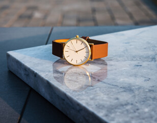 Elegant minimalist watch on marble concept for luxury, time management, precision. Suitable for fashion, business, or lifestyle advertising campaigns.