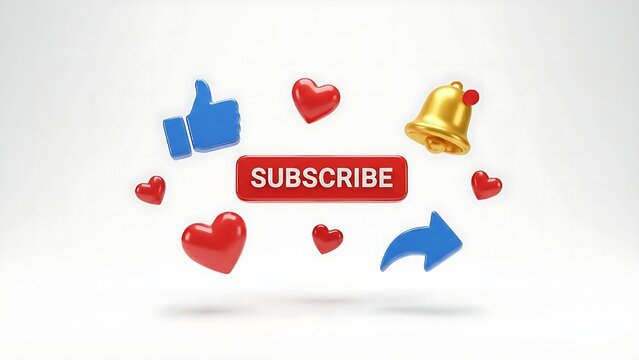 Dynamic 3D Concept of Online Engagement Subscribe Button, Like, Share, and Notification Icons for Digital Platforms