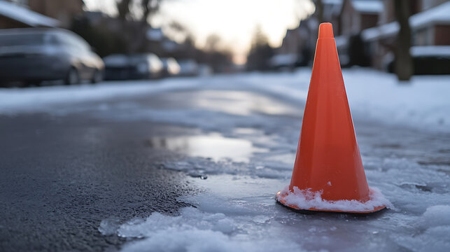 A vibrant orange safety cone stands guard on a wintry street, surrounded by a delicate layer of ice and snow. Cars line the background in a snowy, serene neighborhood.