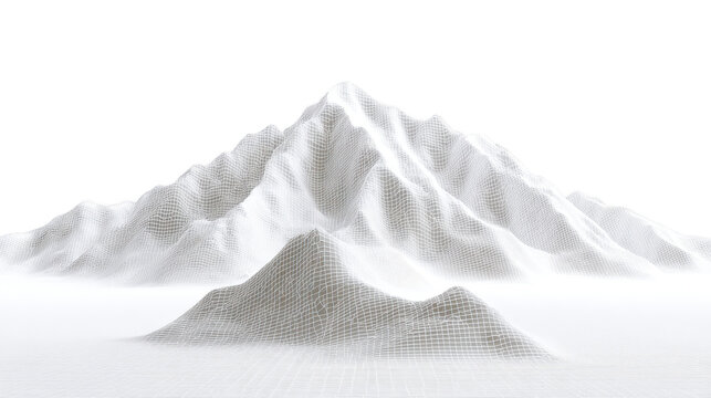 White wireframe mountain landscape digital terrain 3D mesh abstract geometric shape futuristic minimal technology elevation grid isolated on transparency background