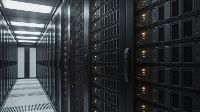 Modern server room with rows of network servers providing data storage, a powerful data center that ensures reliable connectivity and high performance computing