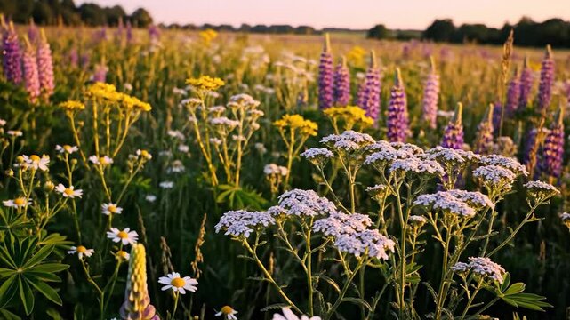 Vibrant field of colorful wildflowers blooming at golden hour