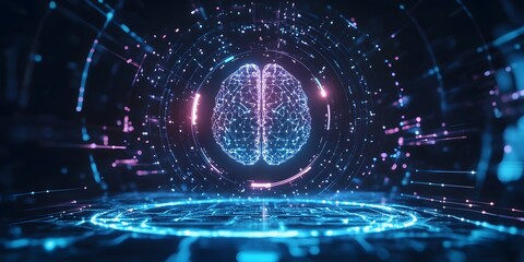 Futuristic digital representation of a glowing artificial intelligence brain with intricate circuits and data streams in a dark neon lit environment