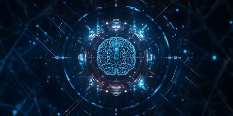 Abstract digital visualization of a glowing neural network or complex data structure with intricate geometric patterns and light effects in deep blue hues