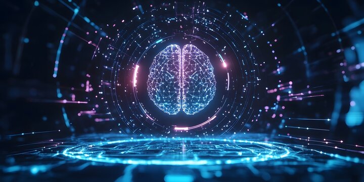 Futuristic digital representation of a glowing artificial intelligence brain with intricate circuits and data streams in a dark neon lit environment - Powered by Adobe