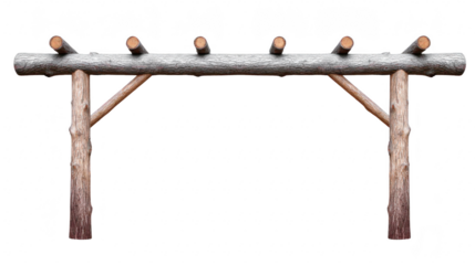 Wooden log pergola frame with rustic texture, outdoor garden structure, natural timber beams, sturdy construction, suitable for backyard landscaping and relaxation area