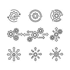 Gear icons representing process workflow and system mechanics.