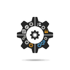 Gear icon with various smaller icons representing different business and technology concepts.