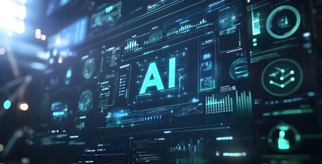 Futuristic digital interface displaying artificial intelligence data streams and complex algorithms in a glowing blue technological environment with bright lens flares and futuristic elements