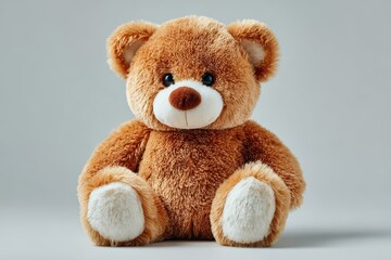 Cute brown teddy bear sitting upright with white paws on a light gray background in a soft studio light, perfect for a gift or decoration