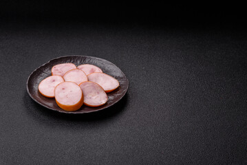 Ham, cooked sausage slices for breakfast sandwiches. Sliced boiled sausage