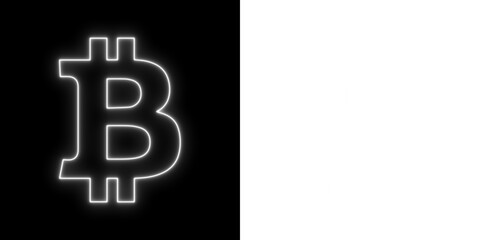 Obraz premium Glowing white neon Bitcoin symbol on black and transparent backgrounds, creating a modern digital currency design
