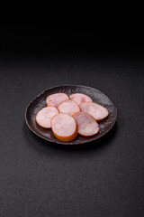 Ham, cooked sausage slices for breakfast sandwiches. Sliced boiled sausage