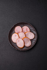 Ham, cooked sausage slices for breakfast sandwiches. Sliced boiled sausage