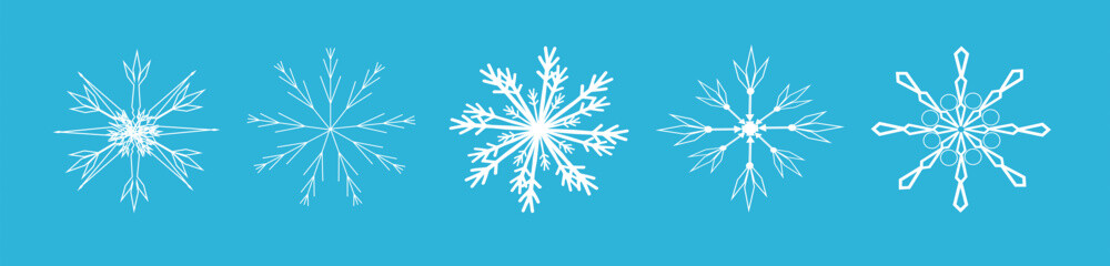 Realistic snowflakes Icons. Winter concept. Set of snowflakes on blue background. Snow, winter holidays. Vector illustration.