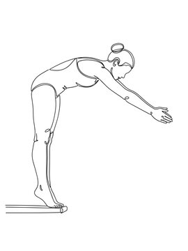 Female diver preparing to dive off the board in athletic stance  