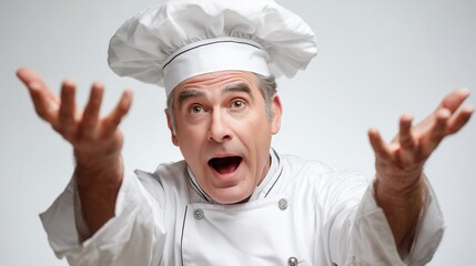 Eager chef expressing excitement with raised hands in a bright kitchen setting