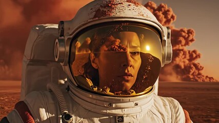female astronaut in spacesuit on dusty red planet surface. sun reflection in helmet visor during sandstorm. mars colonization and space exploration concept. science fiction, technology. - Powered by Adobe
