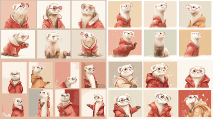 Charming ferret illustrations wearing cozy jackets in soft pastel tones. Ideal for nursery decor, cute animal design, children’s artwork, character sets, and playful seasonal illustrations.