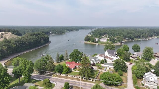 Aerial View of Mona Lake Near Lake Harbor Road | Norton Shores, Michigan July 2025