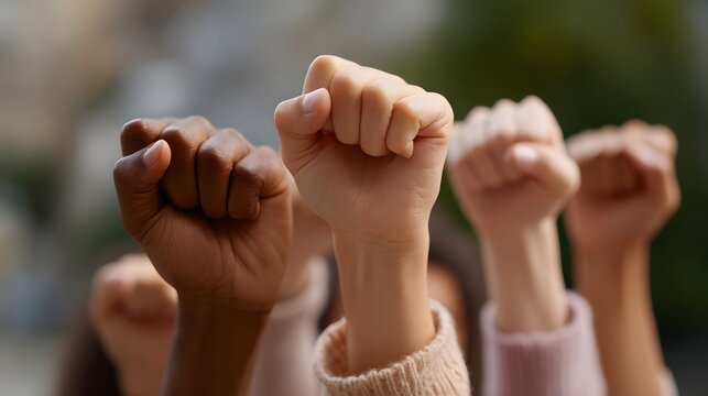 Different skin colors, raised fists, protest, unity, solidarity, fight for rights, together. Diversity, equality, inclusion, activism, demonstration, freedom, rally, close-up.
