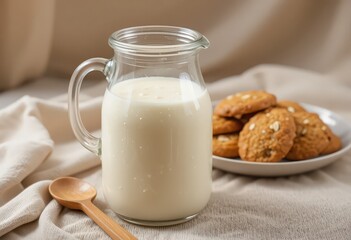 Fresh Milk in Glass Pitcher with Delicious Oatmeal Cookies on a Neutral Fabric Background 