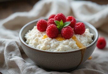 Close-up shot of a ceramic bowl filled with creamy cottage cheese, brightly garnished with fresh red raspberries, a hint of mint, and a luxurious golden honey drizzle.
