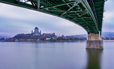 Fototapeta premium Long exposure of Esztergom Basilica from under Maria Valeria Bridge, Hungary