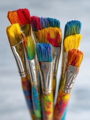 Obraz premium Colorful paintbrushes with vibrant bristles displayed against a light background for artistic inspiration
