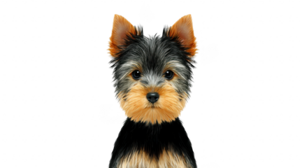Yorkshire terrier dog illustration, cute small puppy with fluffy fur, black and tan color, isolated on transparency background, adorable pet, friendly expression, digital art