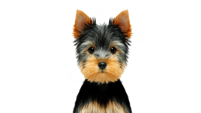 Yorkshire terrier dog illustration, cute small puppy with fluffy fur, black and tan color, isolated on transparency background, adorable pet, friendly expression, digital art