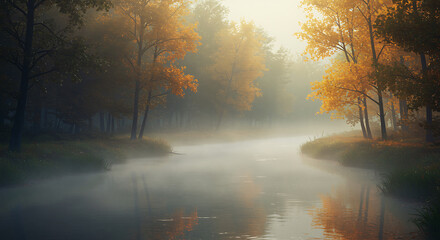 Autumn river landscape with fog and trees displaying fall colors