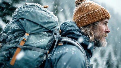Fototapeta premium Hiker walking in snowy winter forest with backpack