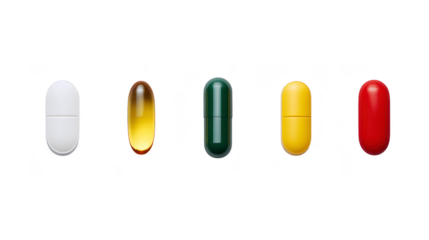 White capsule yellow capsule green capsule yellow pill red pill isolated transparent background medication supplement pharmaceutical healthcare variety colorful glossy realistic medical drug