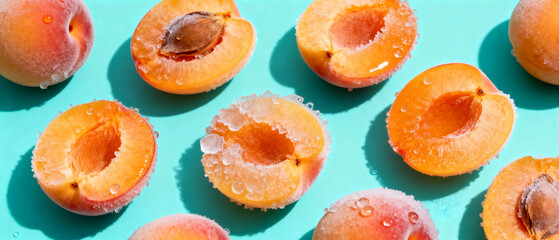 Fresh apricots halved and sprinkled with water on a blue surface  