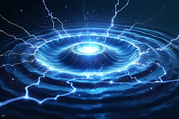 Abstract blue energy vortex with radiating light and electrical sparks