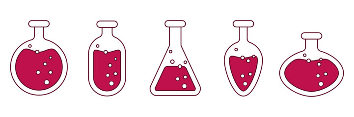 A set of five minimalist vector bottles filled with pink magic potion.