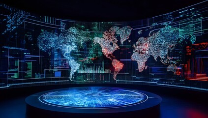 Immersive digital projection of a global network overlaying a world map with intricate data streams and futuristic technology in a dark modern environment