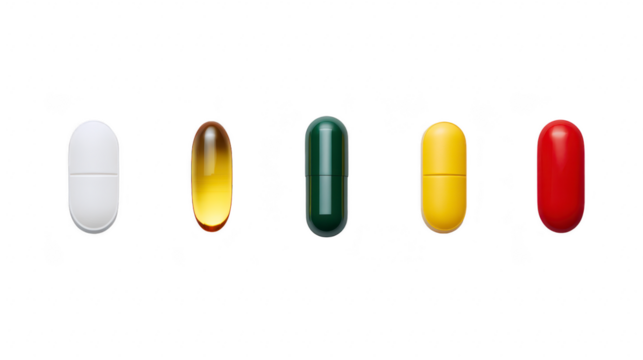 White capsule yellow capsule green capsule yellow pill red pill isolated transparent background medication supplement pharmaceutical healthcare variety colorful glossy realistic medical drug