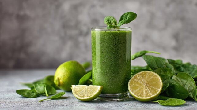Fresh green smoothie with spinach and lime on a textured surface for a healthy lifestyle