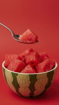 This vibrant, high-definition video captures the essence of summer refreshment with fresh, diced watermelon pieces presented against a striking, uniform red background. A metallic spoon delicately hol