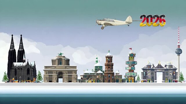Vintage Banner Plane Carrying 2026 Numbers Filled with German Flag Over Iconic Landmarks &ndash; Illustration Style New Year Animation