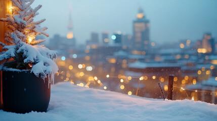Magical winter night cityscape with snow-covered rooftop and glowing city lights